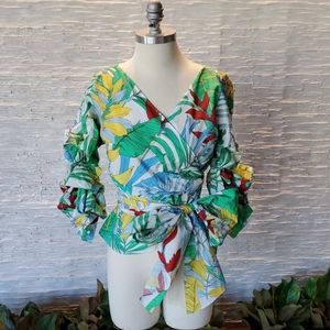Zara, Floral Convertible Wrap Blouse, Size XS